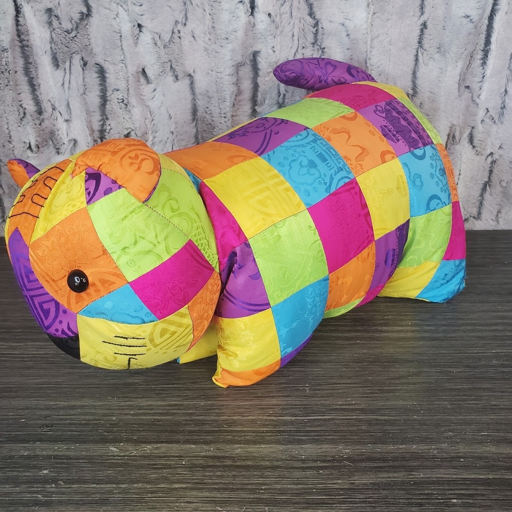 Quilted Asian Nylon‎ Brocade Cat Pillow With Plush Kitty Head PATCHWORK BRIGHT
